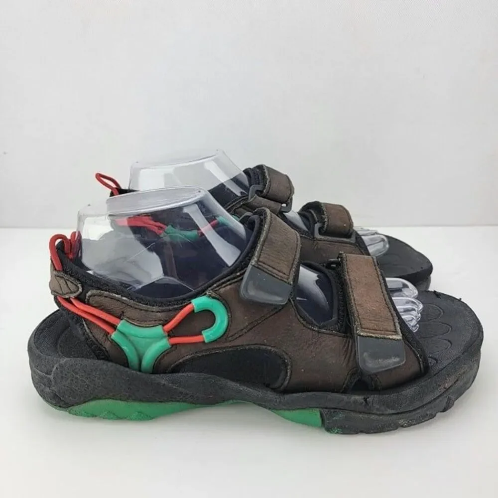 Lands End Kids Size 8 Brown Green Red Leather Hook Loop Outdoors Sandals